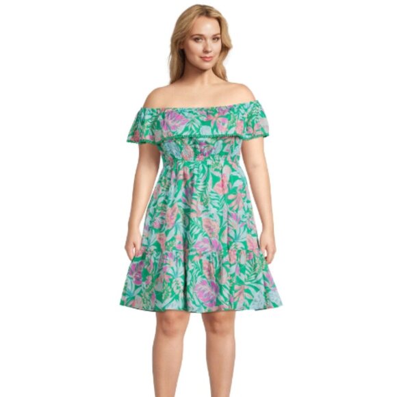 Terra & Sky Off The Shoulder Dress - Tropical Summer Orchid Bloom - Picture 2 of 9